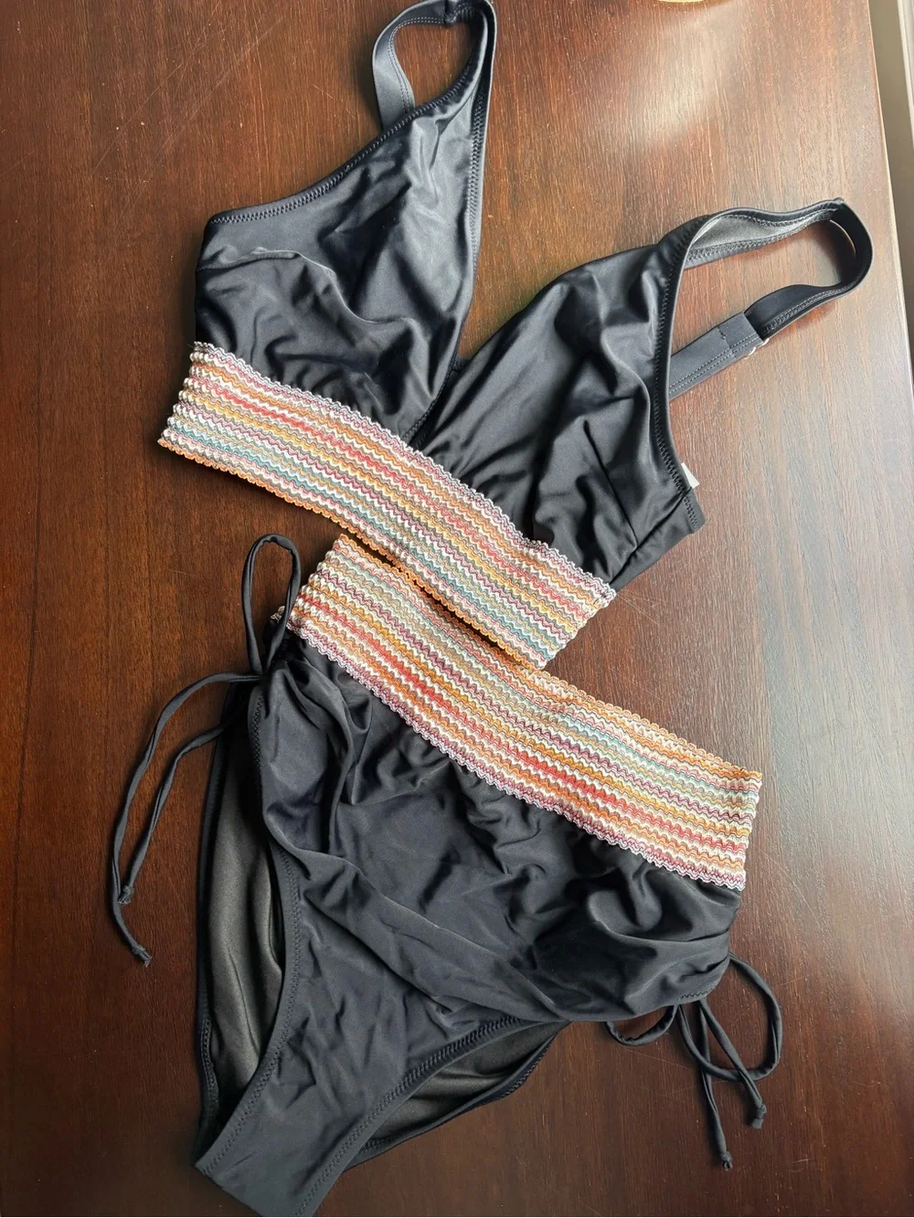 Black Two-Piece Swim Set with Multicolor Elastic Band
